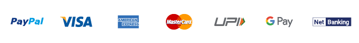 Accepted payment methods including PayPal, Visa, American Express, Mastercard, UPI, G Pay, and Net Banking