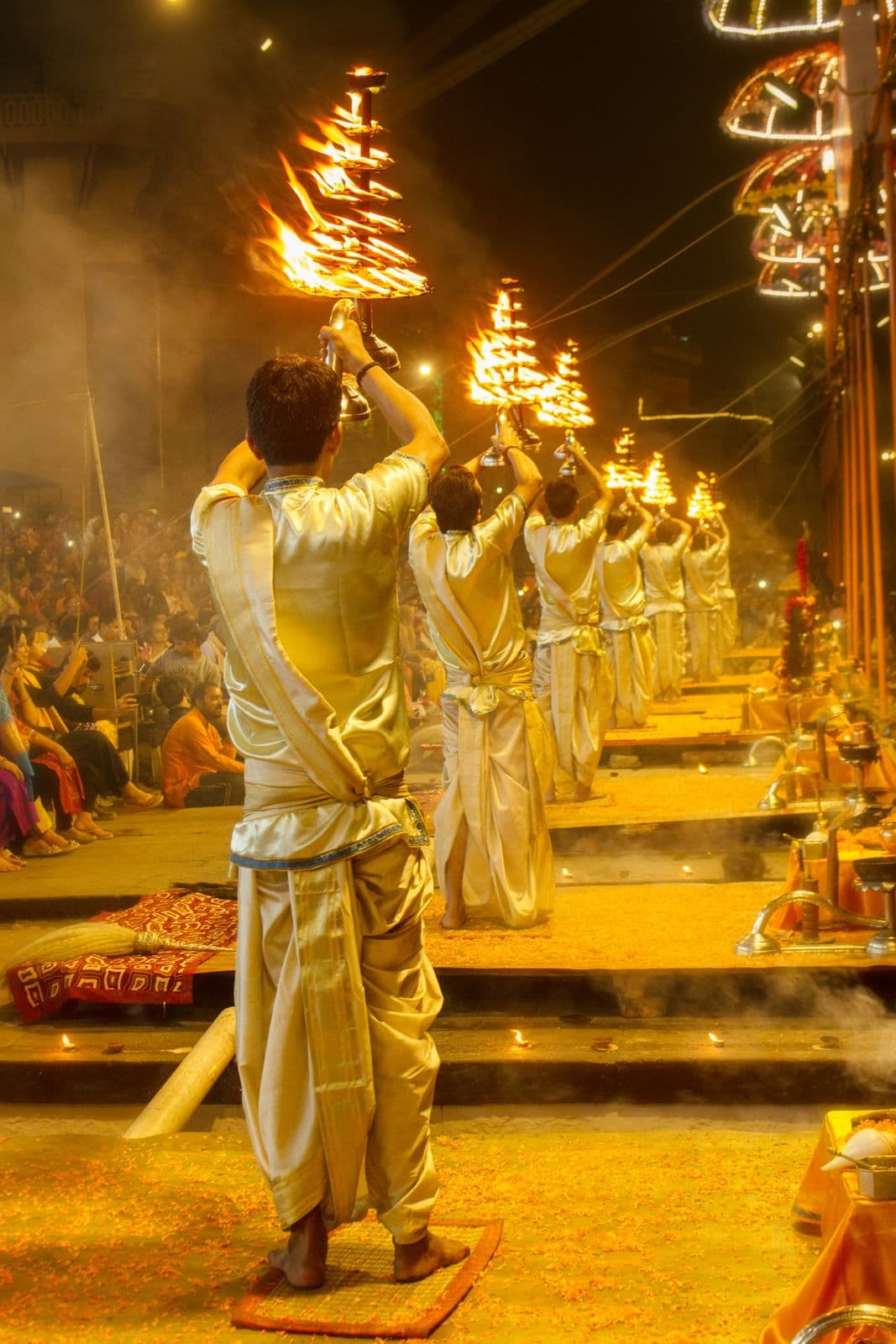 Varanasi ceremonial fire and smoke during Dev Deepawali